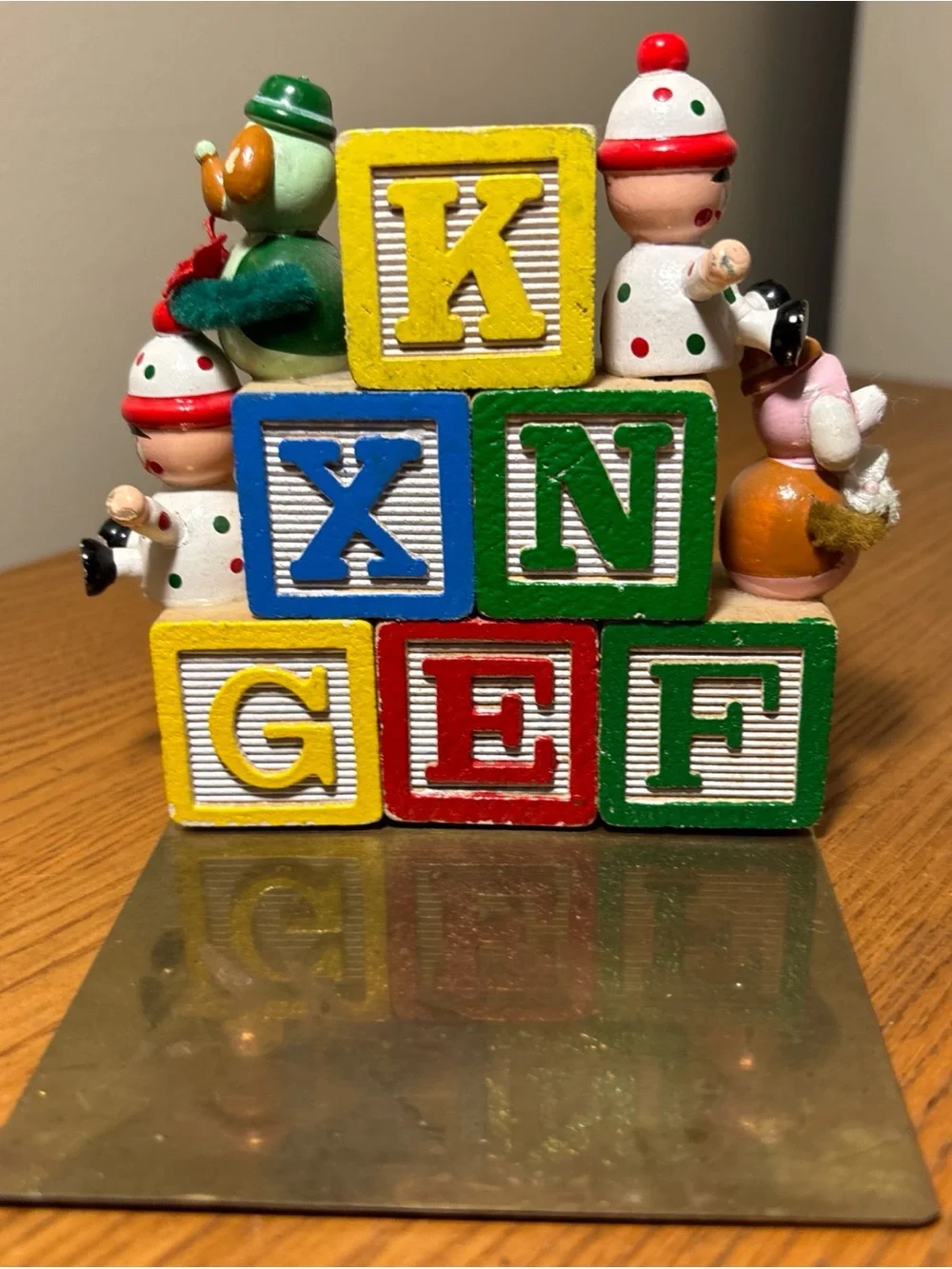 Wooden Alphabet Blocks Set with Festive Figures - Red, Green, Yellow, bookends